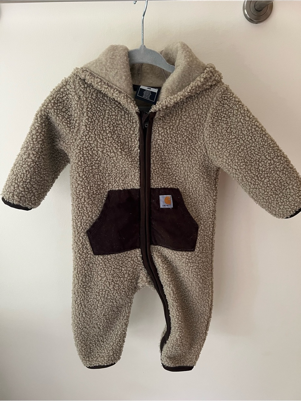 Carhartt Cream Sherpa One-Piece Footie with Brown Pocket Accents